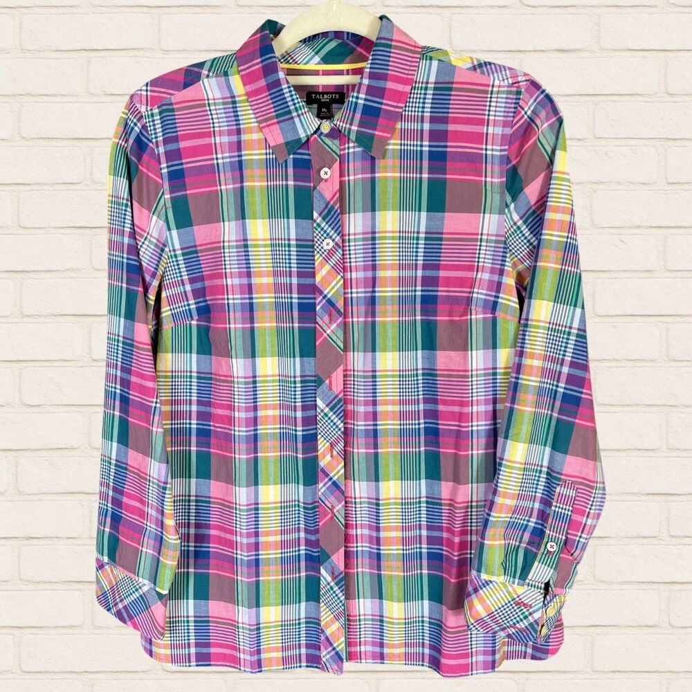 talbots PM cotton button up shirt pink blue madras plaid